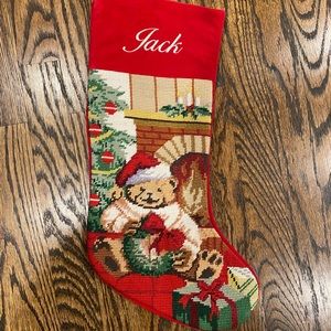 Needlepoint stocking monogramed with “Jack”